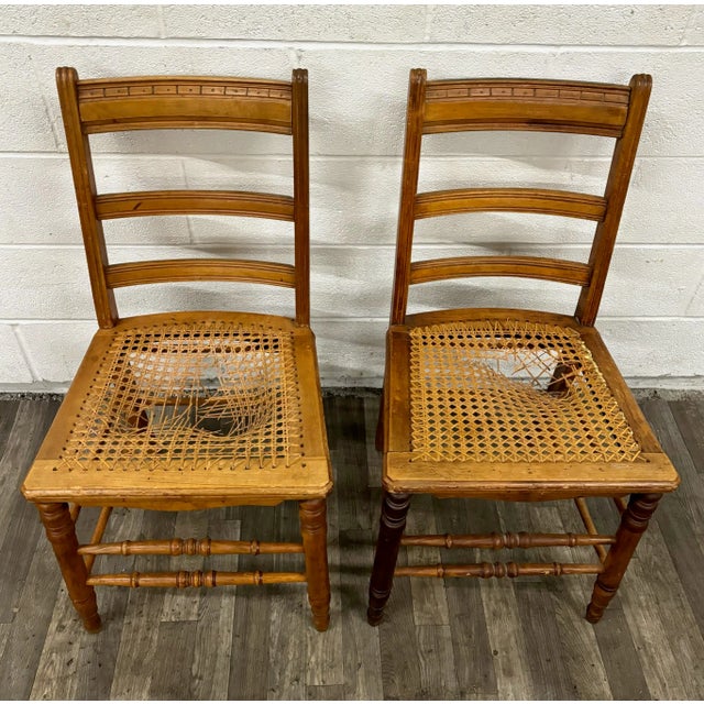 Traditional Vintage Colonial Style Ladderback Cane Seat Dining Chairs - Pair For Sale - Image 3 of 6