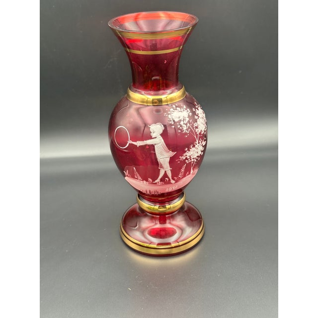 Ruby Red Mary Gregory–Style Enamel Vase With Gold Trim For Sale In Detroit - Image 6 of 7