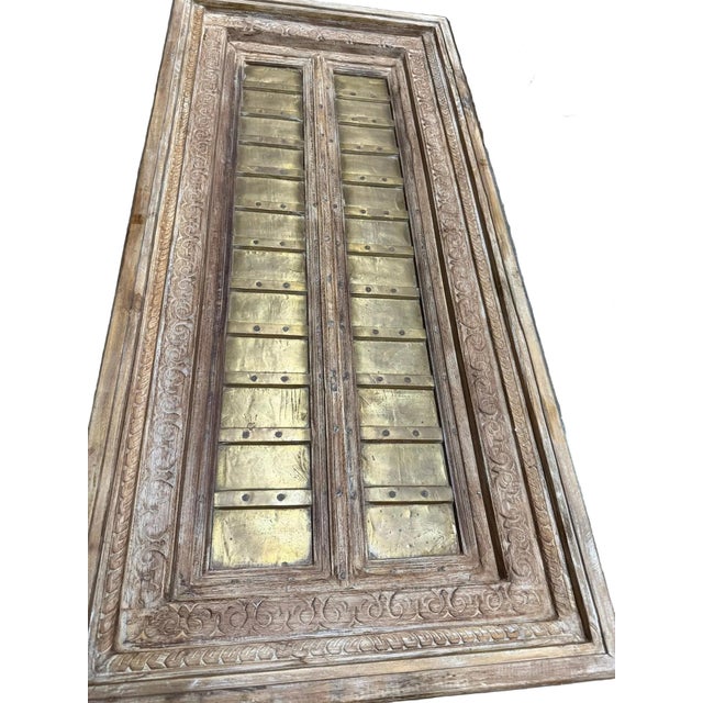 Antique Indian Carved Door Coffee Table – Rustic Brass Clad Statement Accent Table 59 For Sale - Image 4 of 6