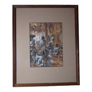 Mid 20th Century Charles L Wrenn - Village Market Scene - Mixed Media & Watercolor, Framed
