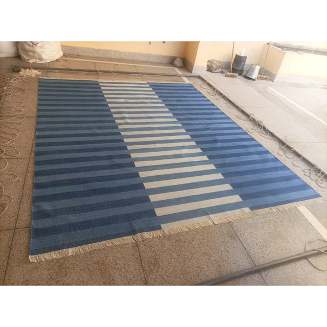 Handmade Cotton Area Rug, Natural Vegetable Dyed, Indigo Blue Striped Rug - 6'x9' For Sale - Image 6 of 13