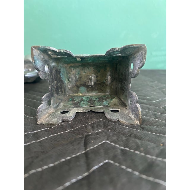 Metal Pair of Early-Mid 20th Century Chinese Silver-Finished Brass Altar Candlesticks – Cranes & Fish For Sale - Image 7 of 9