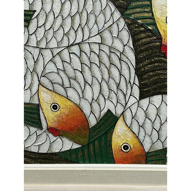 Mid-Century Modern Vintage Original School of Fish Oil Painting on Canvas For Sale - Image 3 of 12