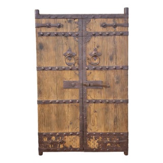 Antique Pinewood Doors With Studded Iron Bands & Sliding Latch For Sale