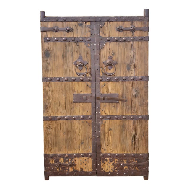Antique Pinewood Doors With Studded Iron Bands & Sliding Latch For Sale