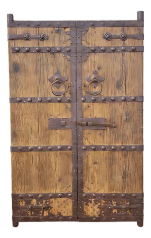Antique Pinewood Doors With Studded Iron Bands & Sliding Latch