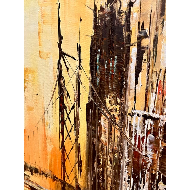 Vintage Mid Century Modern Abstract Cityscape Oil on Canvas For Sale - Image 14 of 15