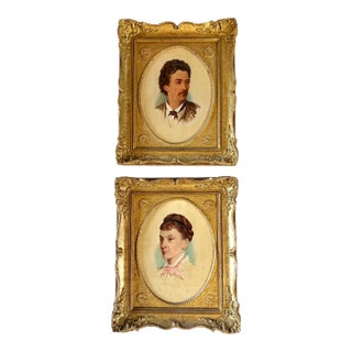 Antique Fine Art Pair of John Hardwicke Lewis Portrait Paintings in Ornate Gilt Frames - 1874 For Sale