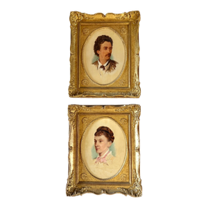 Antique Fine Art Pair of John Hardwicke Lewis Portrait Paintings in Ornate Gilt Frames - 1874