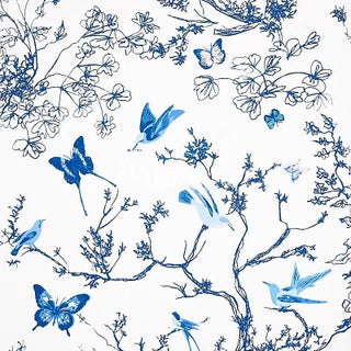 Schumacher Birds & Butterflies Wallpaper in Porcelain - 9 Yards For Sale