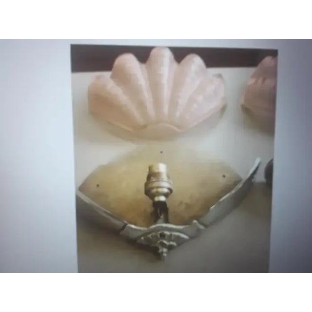 1920s 1920's French Art Deco Pink Clam Shell Form Wall Sconce Art Glass Shade Nickel Mount For Sale - Image 5 of 5