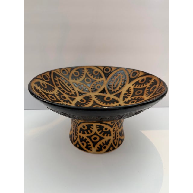 Postmodern Vintage Studio Pottery Pedestal Bowl With Tribal Geometric Motif For Sale - Image 3 of 7