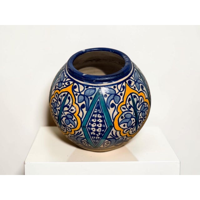 Moroccan Vintage Signed Safi Moroccan Pottery Vase With Geometric Floral Design For Sale - Image 3 of 7