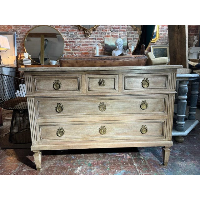 Antique French Louis XVI Style Commode | 1930s Painted Cherrywood Chest of Drawers | Light Gray Distressed Finish Elevate...