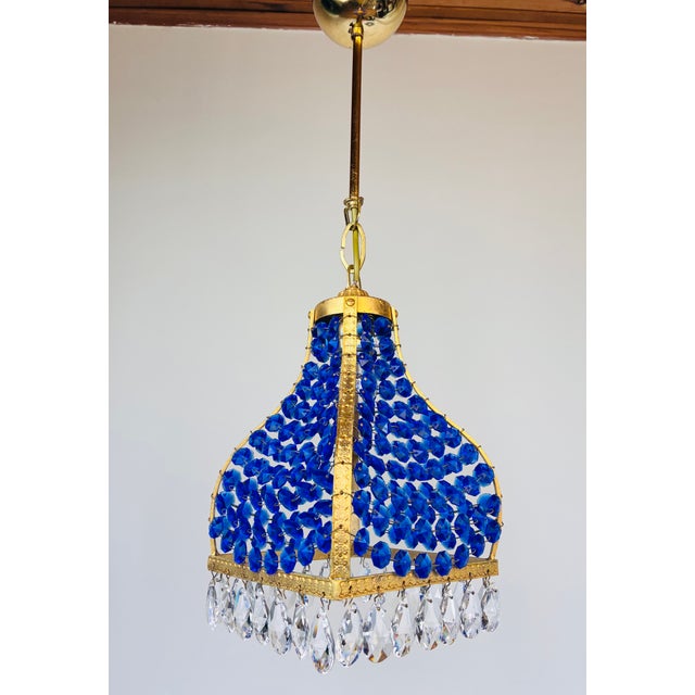 Turkish Pair Match 1960s Turkish Mosque Chandelier – Blue Crystal Brass Mid-Century Lighting For Sale - Image 3 of 13