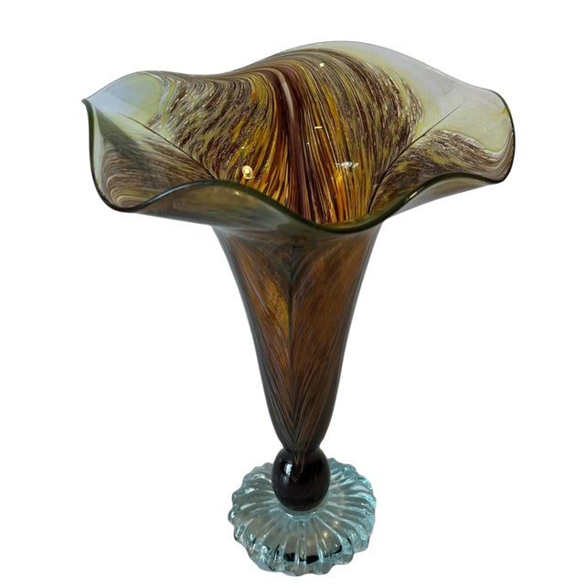 Contemporary Signed Art Glass Amber Pulled Feather Pattern Trumpet Vase For Sale - Image 3 of 10