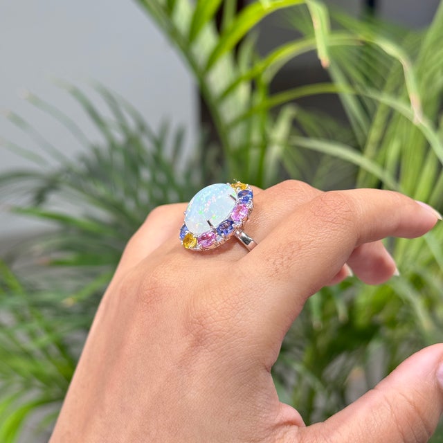 9.01ct Ethiopian Fire Opal, Multi-Sapphire and Diamond Antique 18k White Gold Ring Size 4 For Sale In New York - Image 6 of 18