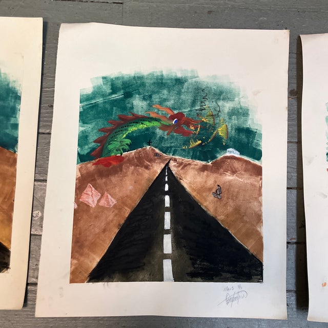 Five 1970’s Original Abstract Modernist Lithographs / Paintings With Dragons- Set of Five For Sale - Image 4 of 7
