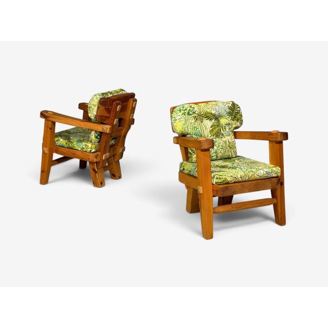 Wood Stig Sandqvist, Brutalist Lounge Chairs, Pine, Green Fabric, Sweden, 1960s For Sale - Image 7 of 15