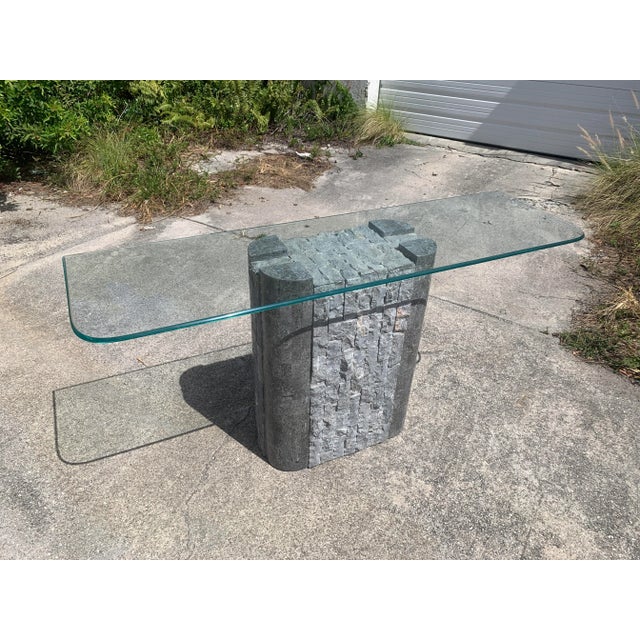 1980s Postmodern Tessellated Stone Pedestal Console With Glass Top For Sale - Image 5 of 11