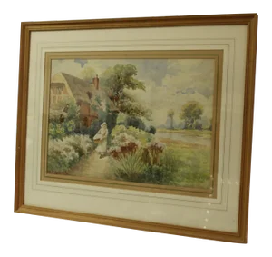 Antique W. Muncaster English Country Scene Watercolor, Framed and Signed