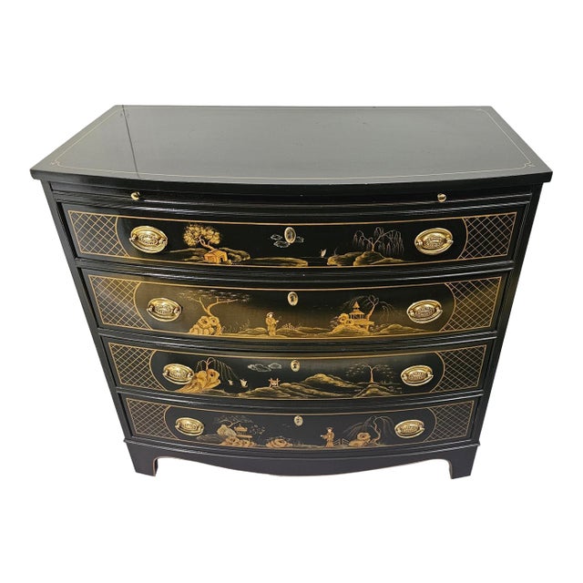 Hand Painted Black Lacquer Chinoiserie Chest For Sale