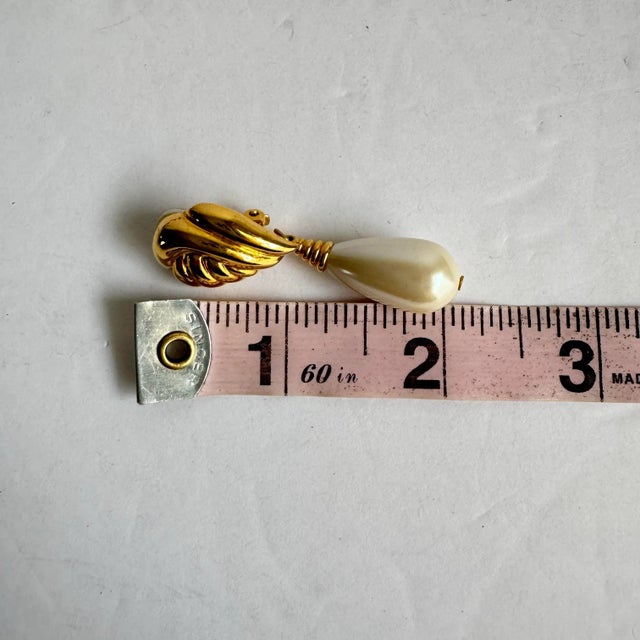 Gold Vintage Gold Tone Faux Pearl Teardrop Earrings Clip on Wedding Bridal Classic Elegant For Sale - Image 8 of 8