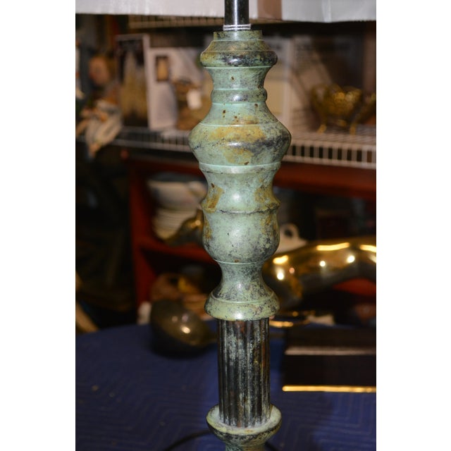 1990s Vintage Interlude Home Pair Rustic Green Metal / Iron Tall Buffet Table Lamps W/ Pleated Shades For Sale - Image 5 of 18