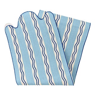 Misette Monaco Stripe Embroidered Linen Runner in Blue - Long, 15" x 105" For Sale
