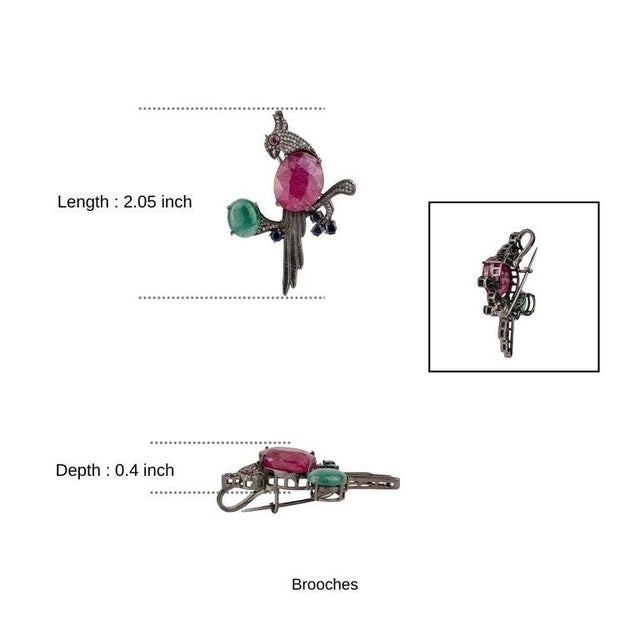 Luxury Ruby Emerald Sapphire Diamond Parrot Motif Silver Brooch Pendant For Sale - Image 12 of 14