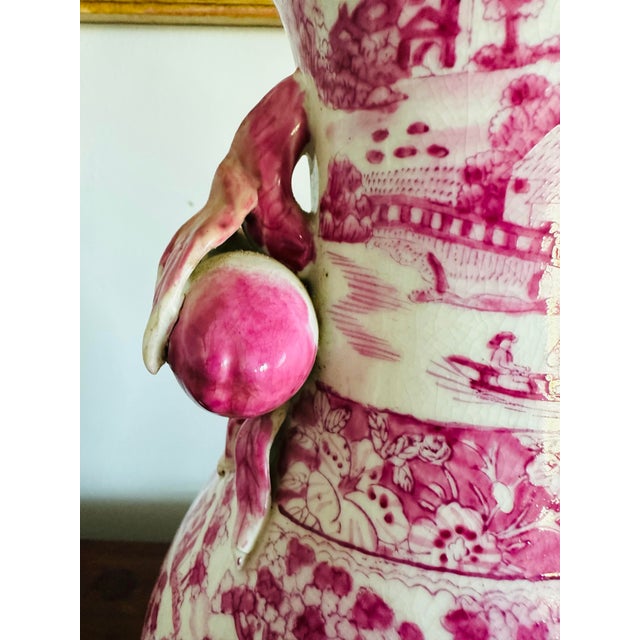 Vintage Chinese Porcelain Pink Chinoiserie Table Lamp With Pommegranate Flowered Handles For Sale - Image 10 of 12