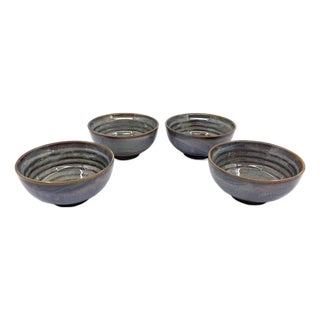 Vietnamese Dual-Glaze Stoneware Ceramic Soup Bowls With Spiral Motif - Set of 4 For Sale