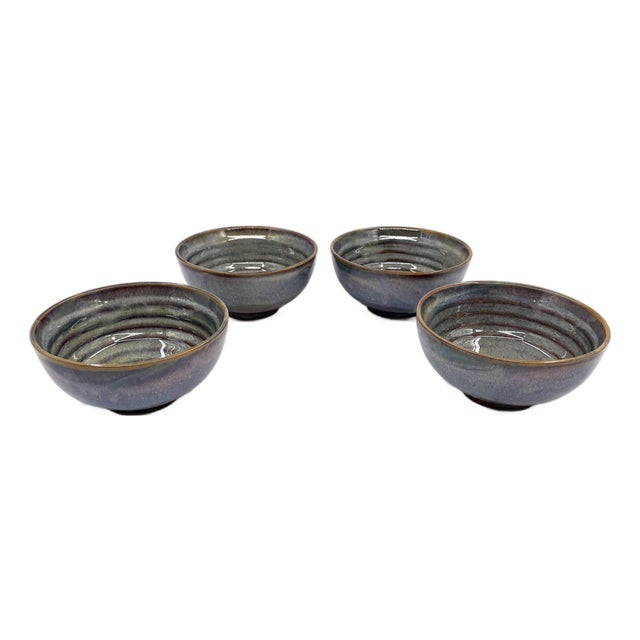 Vietnamese Dual-Glaze Stoneware Ceramic Soup Bowls With Spiral Motif - Set of 4 For Sale