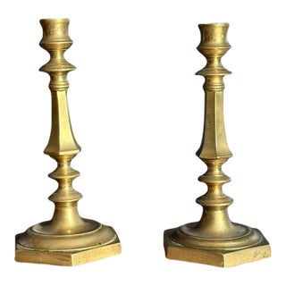 Pair of 19th Century French Brass Candlesticks, Hexagonal Base For Sale