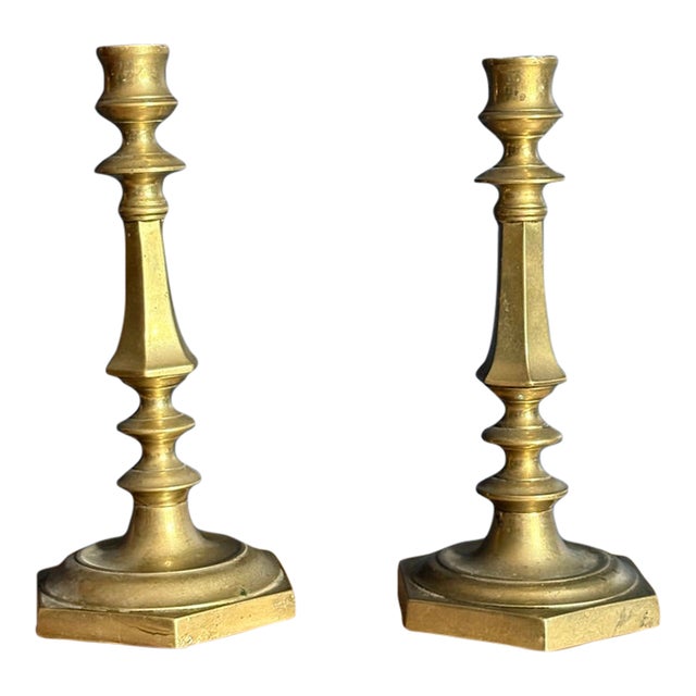 Pair of 19th Century French Brass Candlesticks, Hexagonal Base For Sale