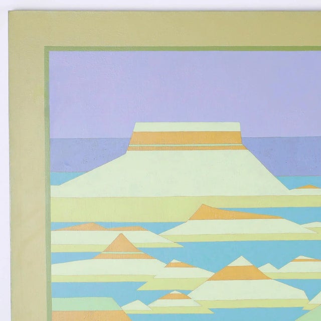 Midcentury acrylic painting on canvas that deconstructs a Western landscape and recomposes it with lines and color. Signed...