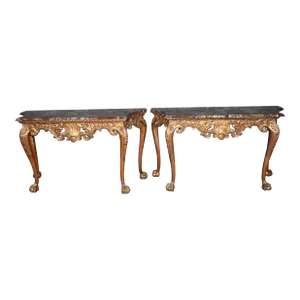 Fine and Rare Pair Carved Walnut English Georgian Giltwood Console Tables