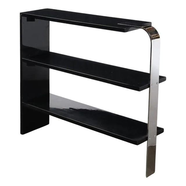 Art Deco Streamlined 3-Tier End Table/Bookcase in Black Lacquer W/ Curved Chrome For Sale