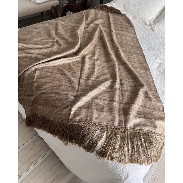 Vintage Raw Natural Handmade Tussar Silk Fringed Throw, India For Sale - Image 11 of 12