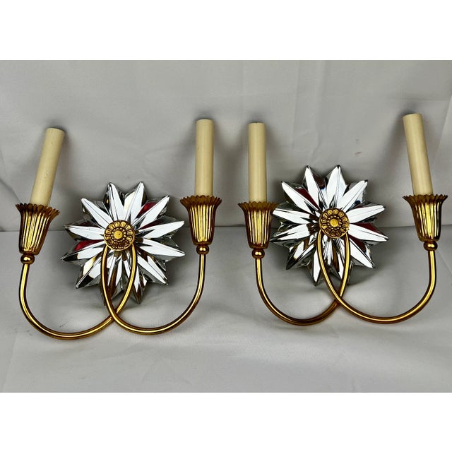 Metal Pair of Gilt Two Light Sconces With Mirrored Twelve Point Star Bursts For Sale - Image 7 of 9