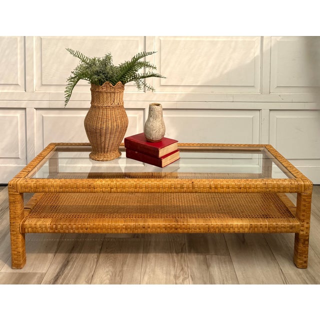 Mid-Century Two-Tier Woven Rattan & Cane Coffee Table With Glass Top For Sale - Image 15 of 15