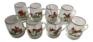 Mid-Century Glass Fox Hunting Mugs - Set of 8