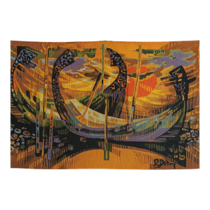 1970s “Barques À Avignon” Wool Tapestry by Robert Debiève – Certified French Mid-Century Modern Textile Art