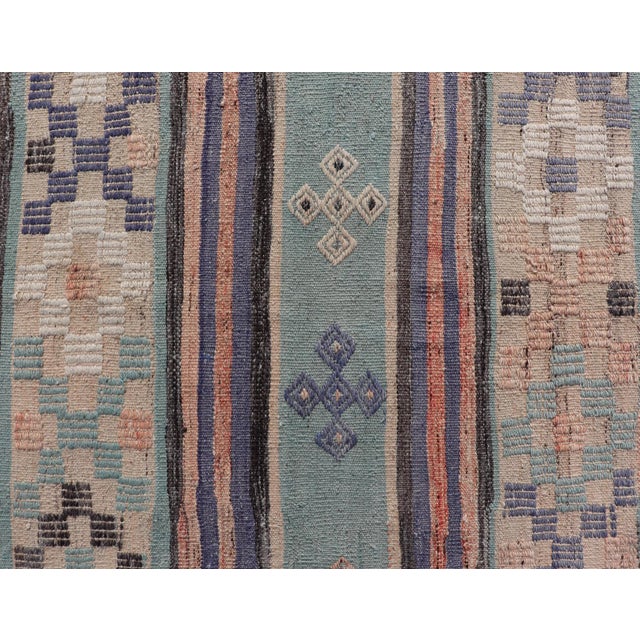 Tribal Stripe Design Turkish Vintage Flat-Weave Rug in Light Green, Purple, and Peach For Sale - Image 3 of 11