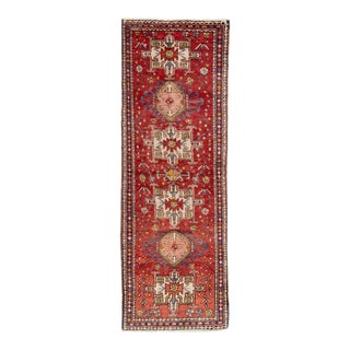 1960s Vintage Heriz Handmade Red Medallion Motif Wool Runner For Sale