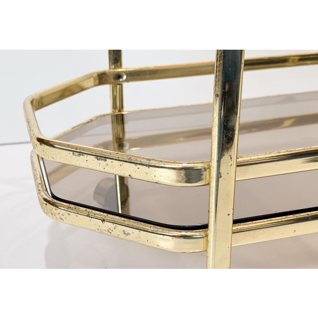 Mid 20th Century Italian Modern Rolling Drinks Cart or Console Trolley of Brass and Smoked Glass For Sale - Image 13 of 14