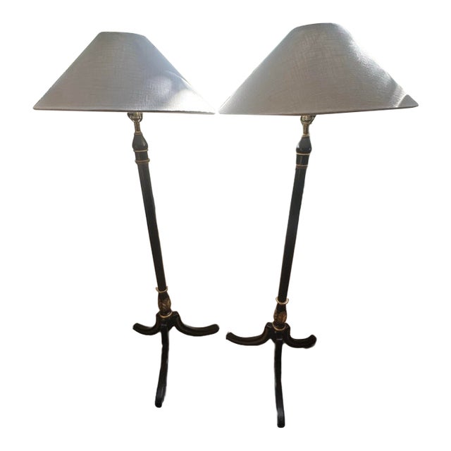 Vintage, Neoclassical Ebonized & Gilt Tripod Floor Lamps Pair For Sale