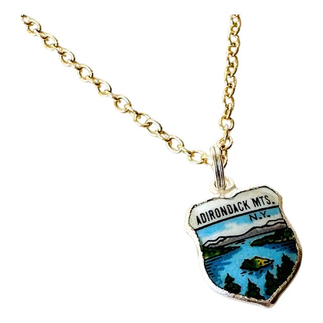 New York Adirondack MTS Fritz Reu Sterling Silver Enamel Vintage Charm on New 18 Inch Gold Filled Necklace For Sale