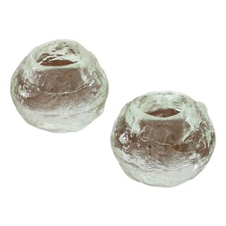 Mid Century Modern Kosta Boda Snowball Candleholders Pair Clear Art Glass Round For Sale