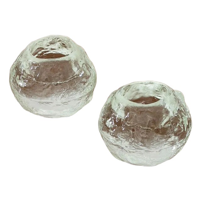 Mid Century Modern Kosta Boda Snowball Candleholders Pair Clear Art Glass Round For Sale